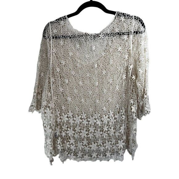 Fever Round Neck Crocheted High Low Hem Cover Up Blouse.  Beige.  Size Medium - Picture 11 of 11